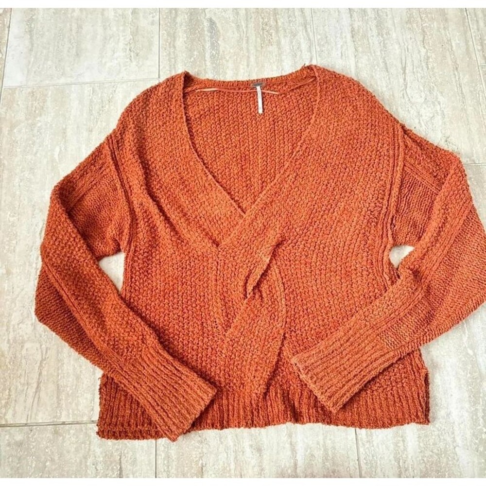 Free People Coco V Neck Twist Sweater S Rust Terracotta Boho Chunky Cozy Knit